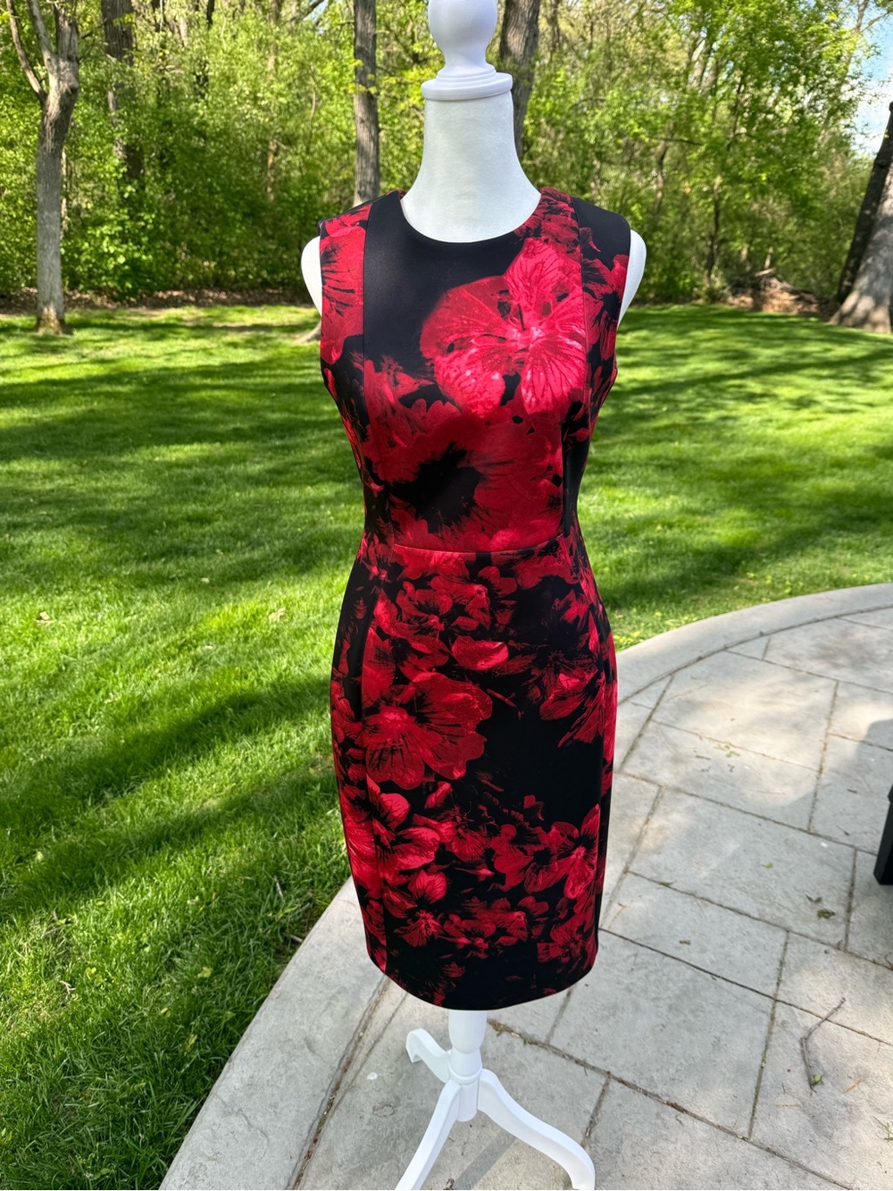 Calvin Klein Sleeveless Red Black Floral Sheath Dress